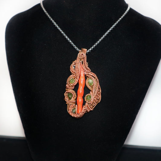Handmade Coral Pendant - Heady Wire Wrap Necklace - Deadhead Jewelry